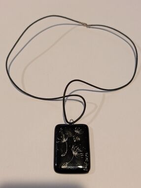 Handblown Black Glass Dandelion Pendant On Cord With 925 Silver Clasp